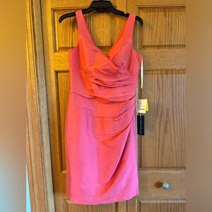 ALFRED SUNG Coral Pink V-Neck Ruched Cocktail Dress